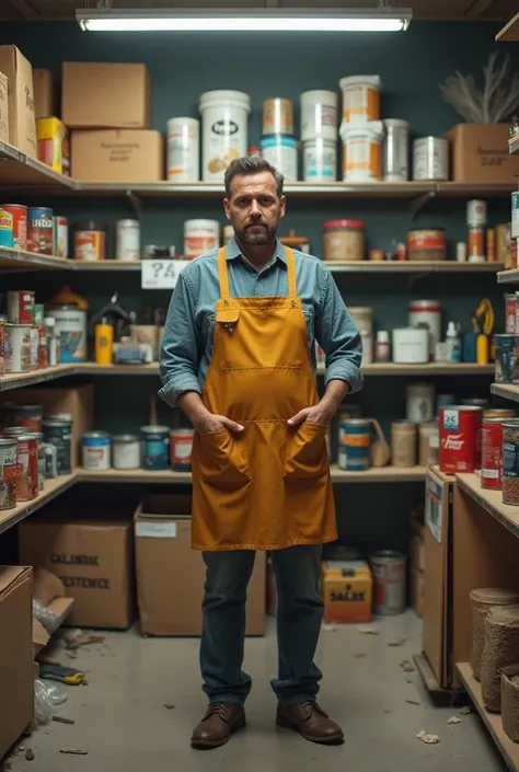 Create a realistic image of a hardware store owner standing in the middle of their store, looking dejected with their pockets turned inside out to symbolize financial struggles. The setting should include shelves stocked with construction materials such as...