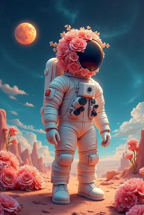 Un ciel étoilé impressionniste, vue en plan large d'un astronaute moderne avec un casque de fleurs en papier rose et ambre de style flowerpunk. L'astronaute se tient sur une planète avec un paysage pointillé, avec une lueur d'éclair. L'arrière-plan contien...