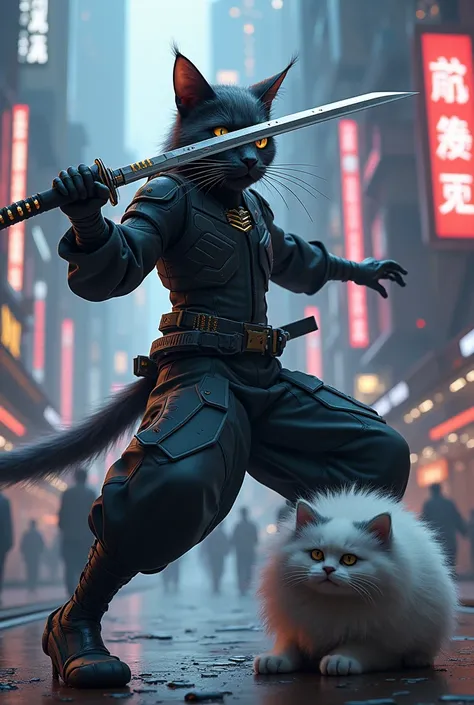 Create a modern neo ninja cat with a sword and a furball