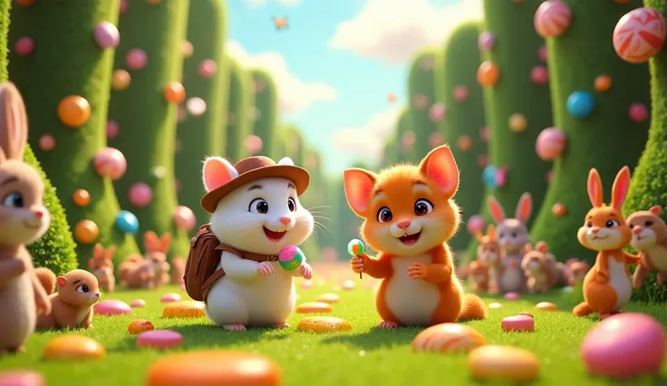 Prompt:
A vibrant Pixar-themed scene featuring a white hamster wearing a brown hat and backpack, embodying an adventurous spirit, alongside an orange kitten joyfully holding a colorful lollipop. Surrounding them in a lively garden labyrinth are numerous pl...