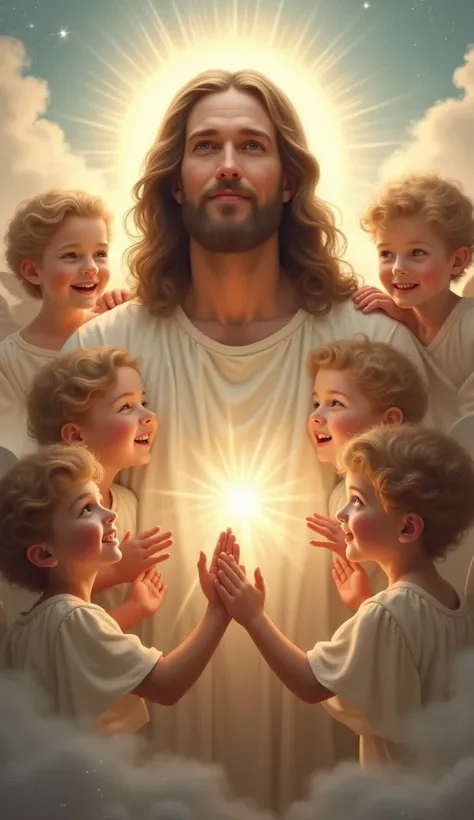 
Jesus Christ with several ren around him smiling