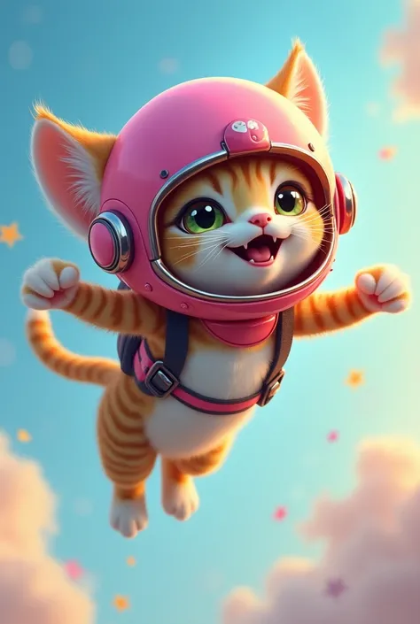 Flying cat with pink helmet