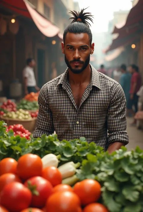 Neymar is selling vegetables in a big bazaar wearing a gingham shirt