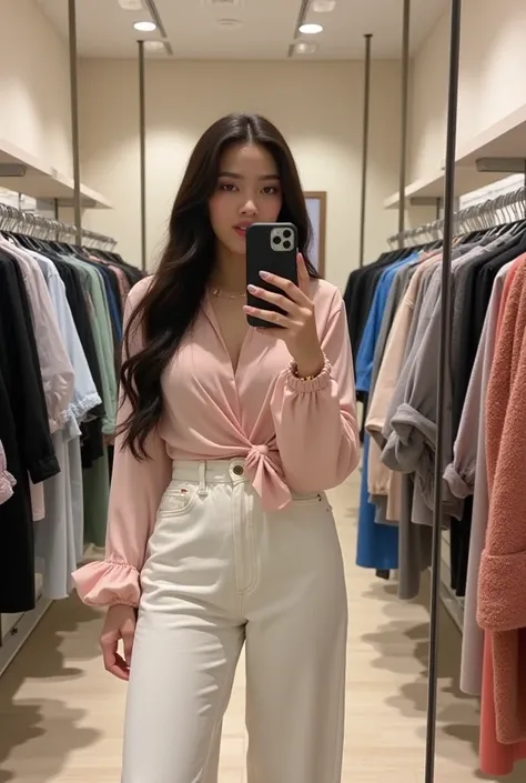 Jennie from Blackpink taking a picture with her iPhone 15 in the mirror of a clothing store, she is wearing straight jeans with a blouse tucked into her white long-sleeved pants, sending kisses, the background is not there 