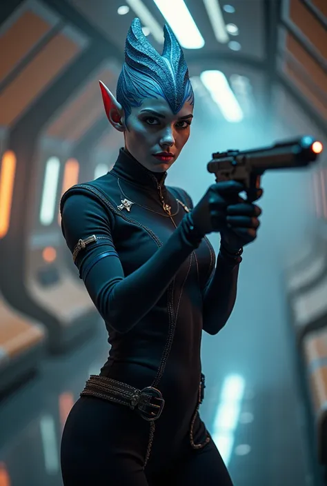 Beautiful seductive Young Vulcan Woman wear a Starfleet Uniform, in a Star Trek spaceship, phasergun in her Hand, Masterpiece, rimlight, Enemy attacked her