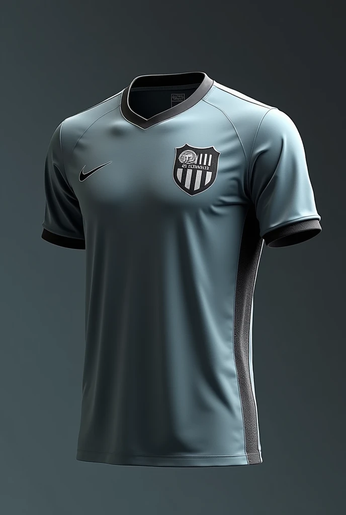 Give me a gray soccer jersey with black and shiny silver touches 