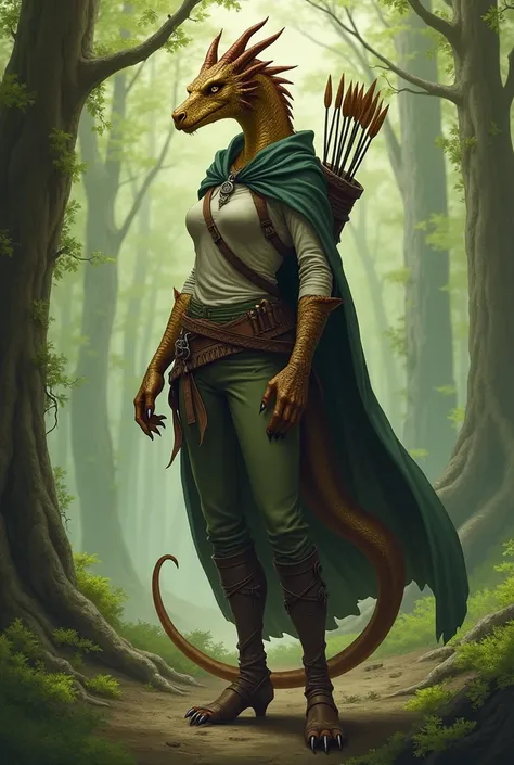 A female, bronze dragonborn ranger in the DnD world, depicted in full-body form with a forest background. She has no tail and only four fingers on each hand, with claws on both her fingers and toes. Her head is fully dragon-like with no human features or h...