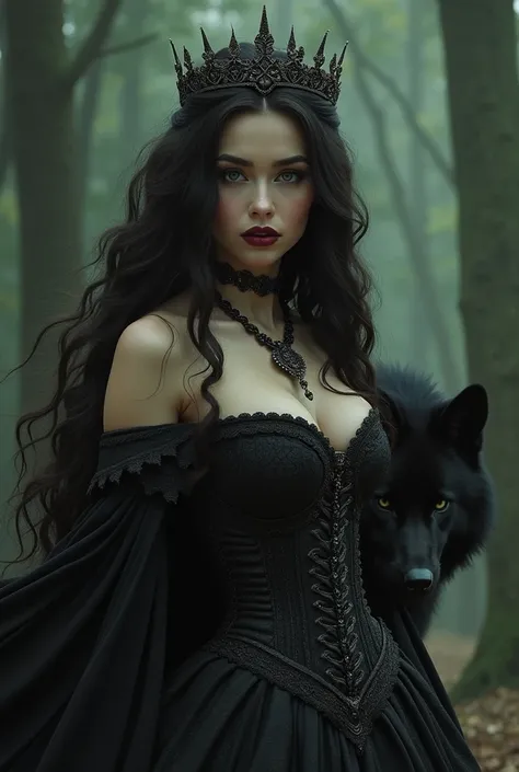 The images are hard ,  dark queen with this girl's face. Make some interesting hairstyle with crown  (only dark brown hair).  In an exquisite long dress with a corset, in full height and beautiful hourglass figure and accessories on the body . Let there be...