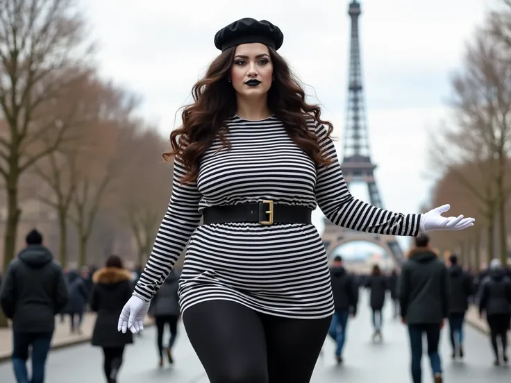 hyperrealistic image of a man, tall, plus size, wide back, good body, good figure, good bearing, black and white horizontal striped t-shirt dress, long sleeves, black pants, black belt, black boots, long hair to the shoulders, very curly, dark brown, wide ...