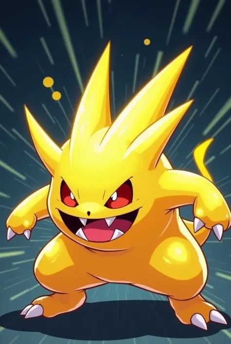 A stylized, cartoonish depiction of a yellow energy on a monster shape, centered in the image. The monster has large, sharp, pointed features resembling limbs and antennae. Its face is a wide, grinning expression with sharp, jagged teeth and large, red eye...