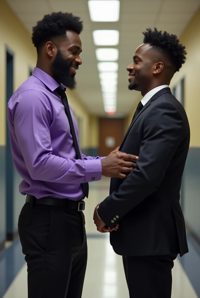 Create an image of a young black man, he has a black beard, and a black afro, he is wearing a purple shirt and black pants.he is dapping up another black man, who is wearing a black suit and tie, while standing in a school hallway