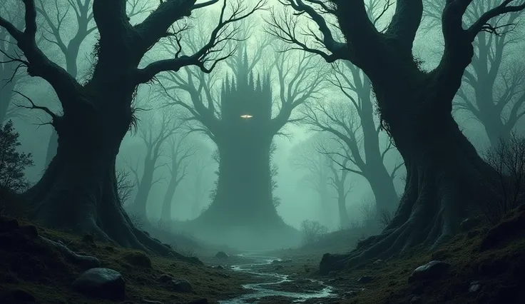 A dark forest with long, large abandoned trees 
