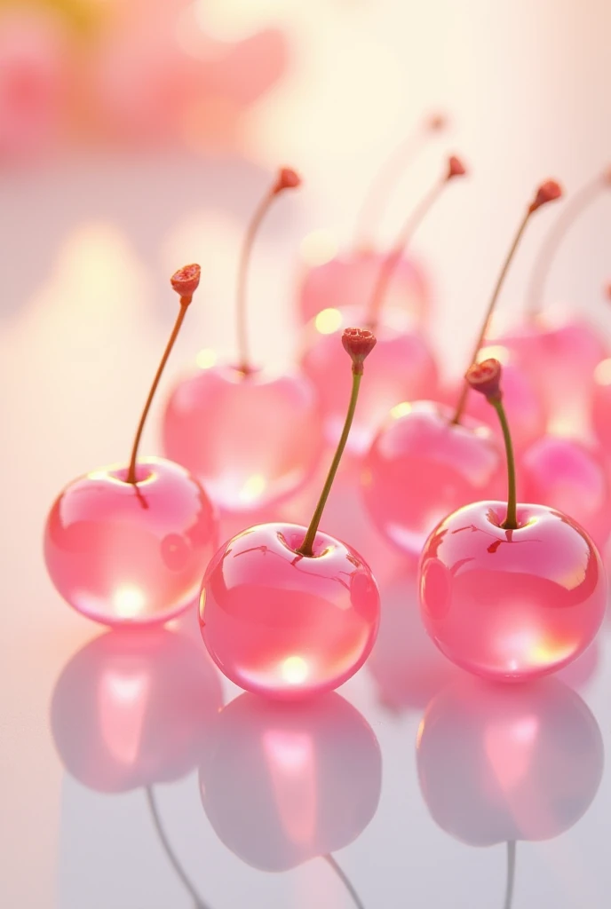 shiny glass pink cherries on a white table,  they get the sunny color , making them even more vivid .