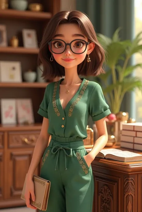  Create beautiful woman selling perfume and stationery.  brown eyes, slightly rounded glasses,  a sweet smile and medium length straight brown hair .  She's wearing a trendy summer outfit ,  including a green jumpsuit with short sleeves and delicate gold e...