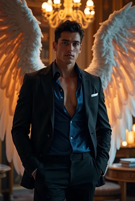 (masterpiece, best quality, realistic, ultra high detailed), In a luxurious office high above an enchanted city, a tall, handsome, muscular young angel in his 20s with a sexy face, work as a manager, effortlessly handling the operations of a magical corpor...