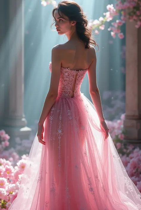 Slender woman wearing pink crystal dress