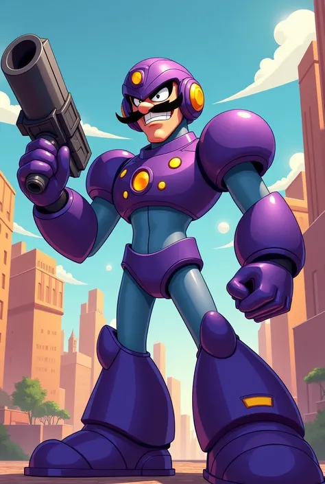 waluigi from super mario bros wearing a purple megaman suit with a megaman helmet while holding up arm cannon in cartoon art style