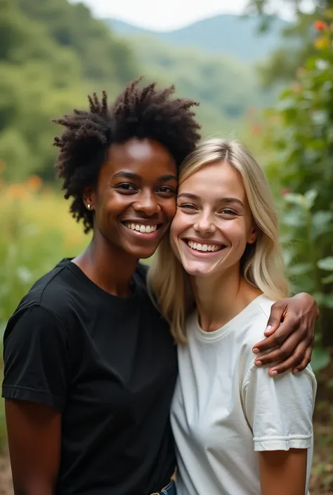 A 24-year-old with dark skin and short wavy hair with a smile and a black t-shirt and a 20-year-old blonde with crisp hair and a white or black t-shirt smiling on a beautiful background