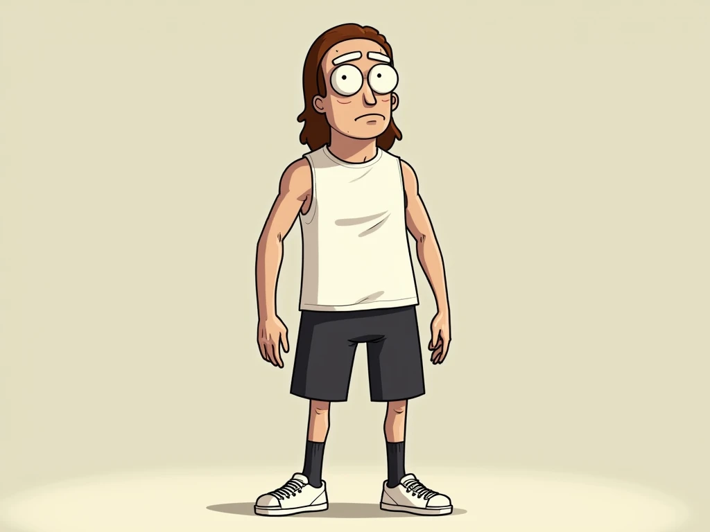 46-year-old man with long brown hair up to his shoulders straight brown eyes and square face and pale skin and wearing a white muscular sleeveless t-shirt with short black pants and short black socks and white sneakers with a short build and white sneakers...