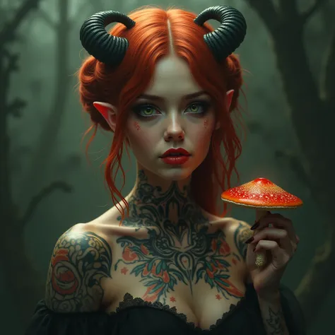 Tattoed, Redhead sexy girl, with green eyes and horns eating mushrooms, real