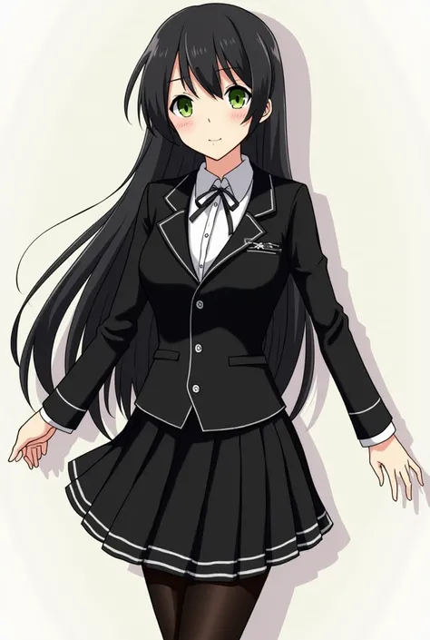 Anime girl with long black hair and green eyes in a black outfit,  from head to toe with her whole body  , pixiv, what is?, Moe Style Anime, in an anime style, Kantai Collection Style, Anime Waifu, Ecchi anime style,  anime-style character , ufotable art s...