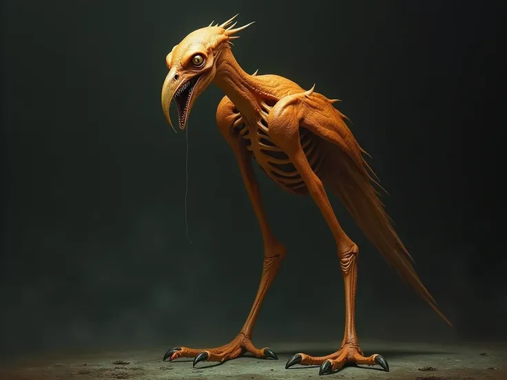 Tortured is a horrifying creature resembling a twisted bird, but standing at human height, its long, skeletal body covered in a dull, orange hue. Its skin is stretched thin, almost like a membrane, giving it a disturbing, unnatural appearance. The face is ...