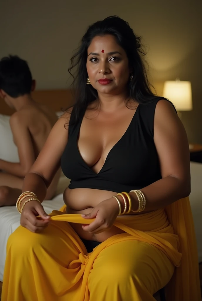 photo of 45 year old Voluptuous Mature Indian aunty with white skin, wearing Transparent yellow saree and Black sleeveless Blouse, showing her large U cut Cleavage, Red Sindoor on her forehead, Hair messed up, nice curves, sitting on hotel room bed with th...