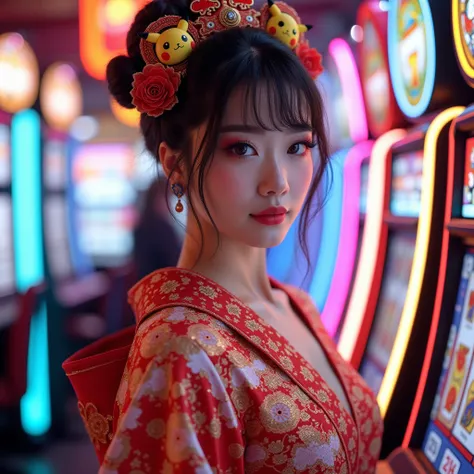 8K Beautiful Japanese woman wearing a Pokemon costume with the words WOW388 in the slot machine room