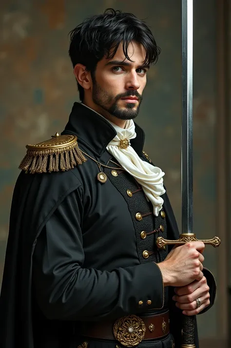 An elegant and strong medieval  ,  short black hair with short beard and green eyes , light skin,  men's tie, elegant and strong, wielding a long sword imbued with fire and a cold look, wearing a medieval costume with a knotted tie , Closing around the wai...