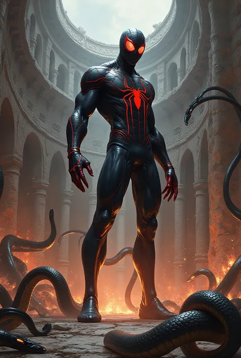 Create for me a fusion of black Spiderman and Scorpion in a coliseum filled with snakes on the ground with fiery eyes 