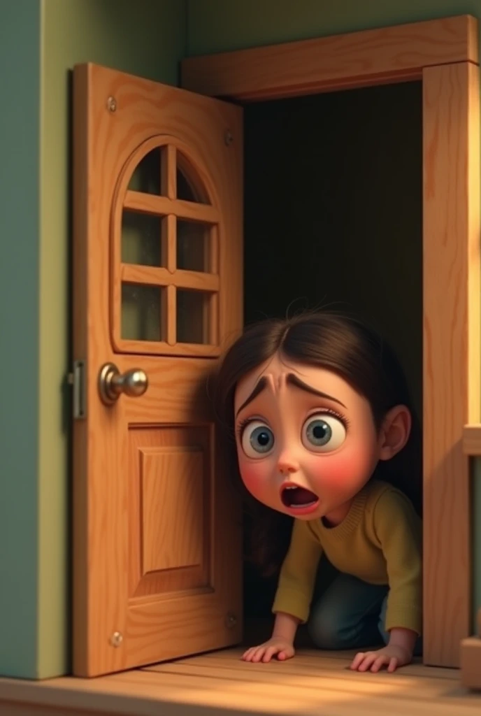  create a small doll house in Pixar style where a girl has been trapped and tries to crawl out the door .  the girl's face must be giant compared to the miniature door  . The girl cries because she can't get out 