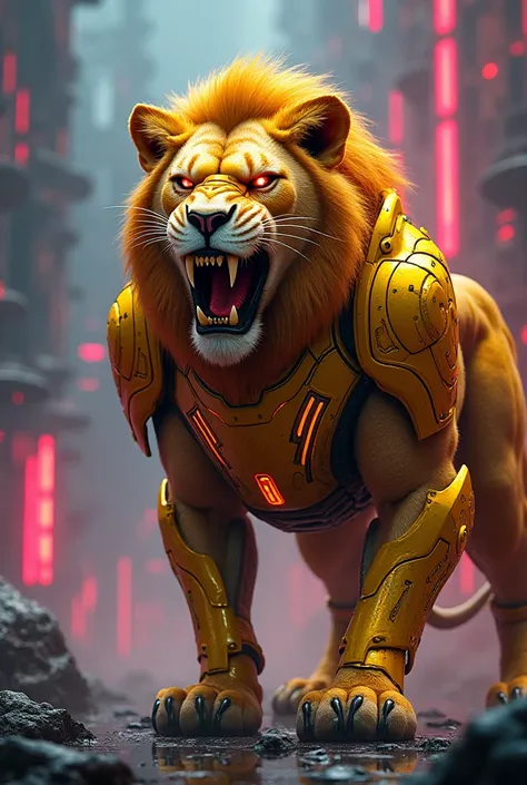 Evil-faced lion wearing futuristic neon gold armor 