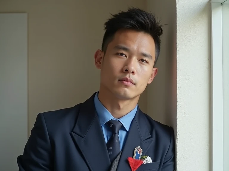 handsome man with toned muscles in a high school uniform leaning against the wall