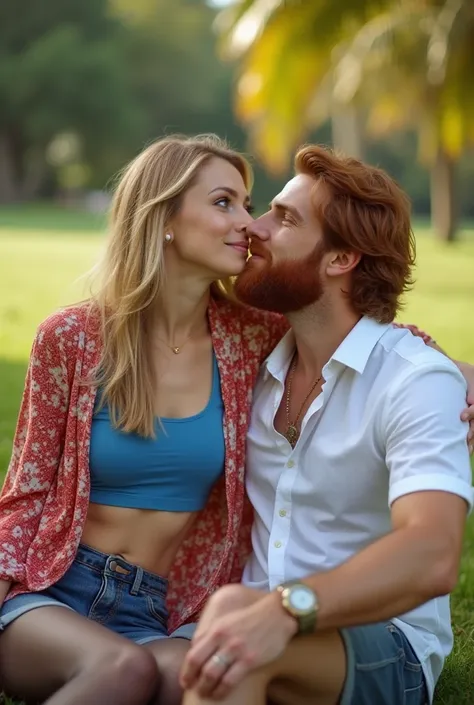 An image of a beautiful woman with light-blonde hair and hazel green eyes wearing a blue tanktop under an open red floral shirt and short jean shorts with pantyhose sitting and enjoying the company of a man with medium length red hair and beard wearing a w...