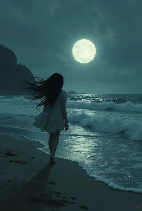 Create an image of a girl on a dark beach with long black hair trying to escape from Samara while a circle appears on the water