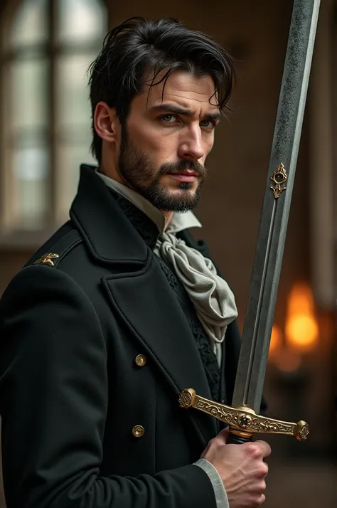 An elegant and strong medieval  ,  short black hair with short beard and green eyes , light skin,  men's tie,  elegant and strong, wielding a long sword imbued with fire and a medieval costume with a gray tie tied ,  kissing handsome man with short brown h...