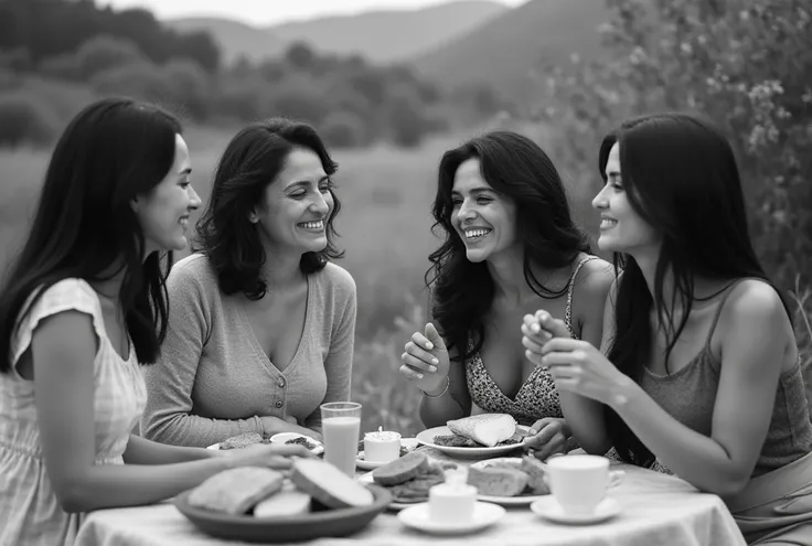 4 dark hair women different ages , laughing when taking a pique nique outdoor in nature and reflecting, eating cheese and bread and drink glass of juice , black and white photography 
