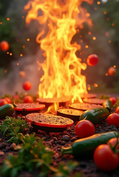 Background of grills with flames and vegetables that fall around 