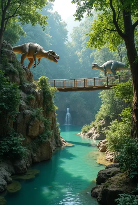  A zoo with zipline toys and typical toys, with lake, Waterfall with various types of animals, including dinosaurs , inside the forest, Giving the appearance of a giant forest, where animals felt free and humans could see them from inside a glass walkway