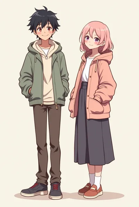 a boy and a girl standing side by side . both wear cute outfits and it's ish  . The girl has light pink hair ,  the boy wears dark black hair. They are cute in gibli style .  they are happy .  anime style, beautiful style. They are twins