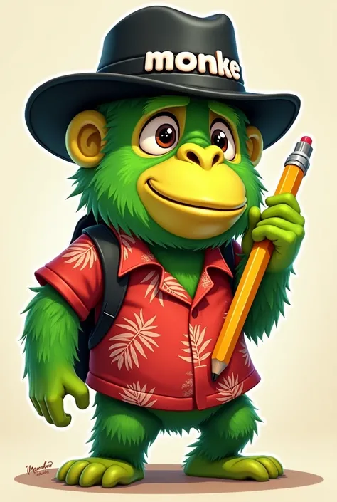 A gorilla tag character that is lime green and has the red tropical T-shirt With a pencil on his back and a black hat and on the hat in white it says monke