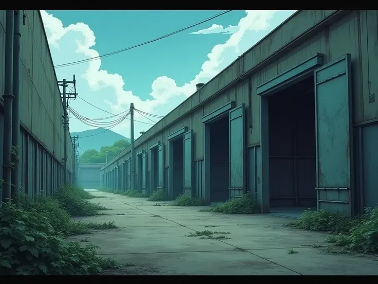 warehouses with half open doors, anime, no person, Depopulated