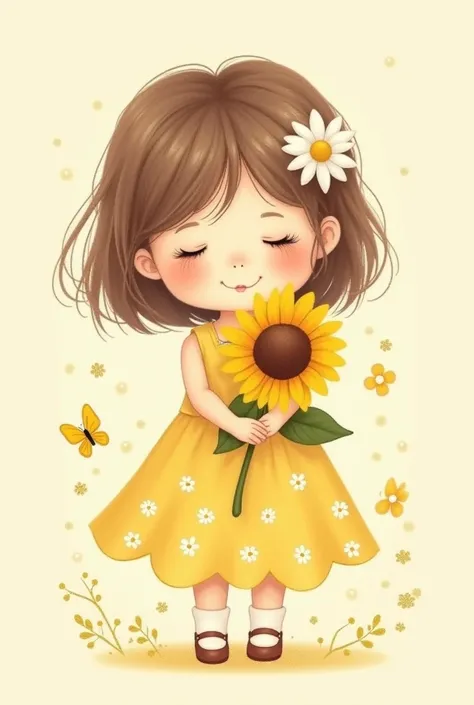 A delicate art , type drawing , caprichosa,  minimalist ((SUPER CUTE))  of a cute and adorable  holding a sunflower, A has brown hair with daisies  . She wears a floral dress in shades of yellow,  include small butterflies in the setting . An enchanting ar...