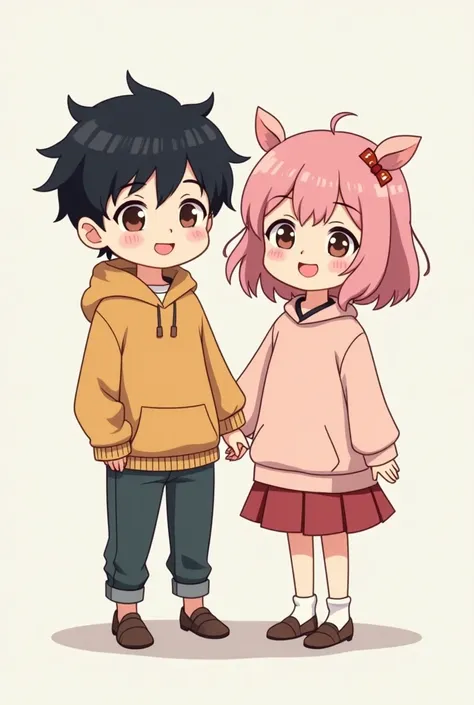 a boy and a girl standing side by side . both wear cute outfits and it's ish  . The girl has light pink hair ,  the boy wears dark black hair. They are cute in gibli style .  they are happy .  anime style, beautiful style. They are Twins . They are four ye...