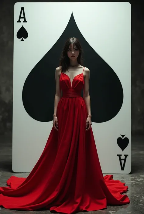 Pp in the background a big card of spades and in the foreground a girl well dressed in red 