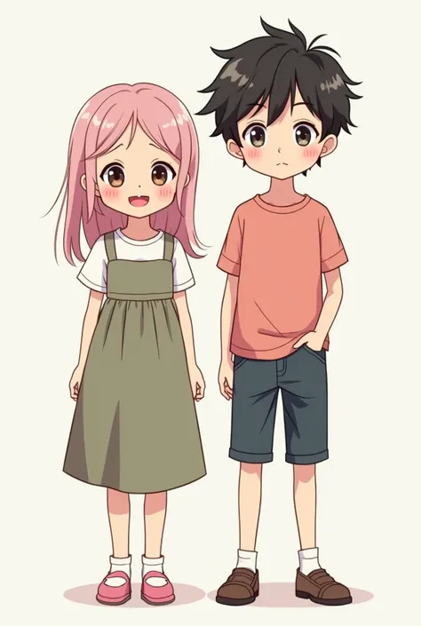 a boy and a girl standing side by side . both wear cute outfits and it's ish  . The girl has light pink hair ,  the boy wears dark black hair. They are cute in anime style .  they are happy .  anime style, beautiful style. They are Twins . They are four ye...