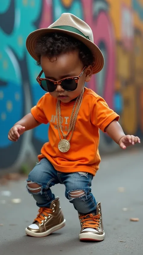  A cute and stylish baby dancing hip hop ,  wearing funky sunglasses ,  with vibrant streetwear clothes , like a hat turned back , uma camiseta oversized,  shiny sneakers and gold chains .  He is in an urban environment , with colorful graffiti in the back...