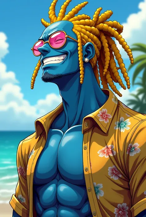 I want a One Piece Art style image of a man with muscular blue skin, yellow dreadlocks who wears an open Hawaiian shirt, dreadlocks that are tied back with a bow, who has transparent pink glasses and who is smiling, who has earrings and a nose piercing..