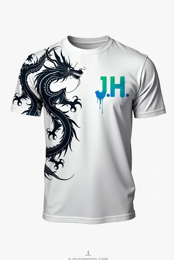 Create an image of a white t-shirt,  black dragon designs on the back and on the front the initials J.H in blue and green.  Don't use models, Only t-shirts alone  (for men )