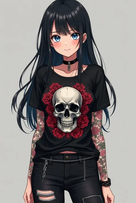  an anime-style woman,  fair skin ,  black hair and blue eyes ,  wearing a black shirt with a skull surrounded by roses and a pair of ripped black jeans with chains hanging from the belt loops. She has a black choker around her neck.  She has tattoos flowi...